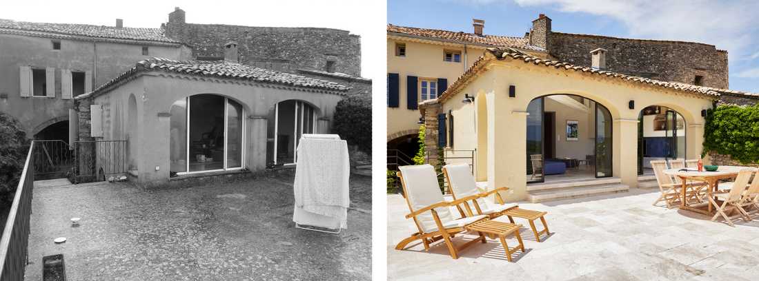 Terrasse dans la continuité du salon de la villa provençale